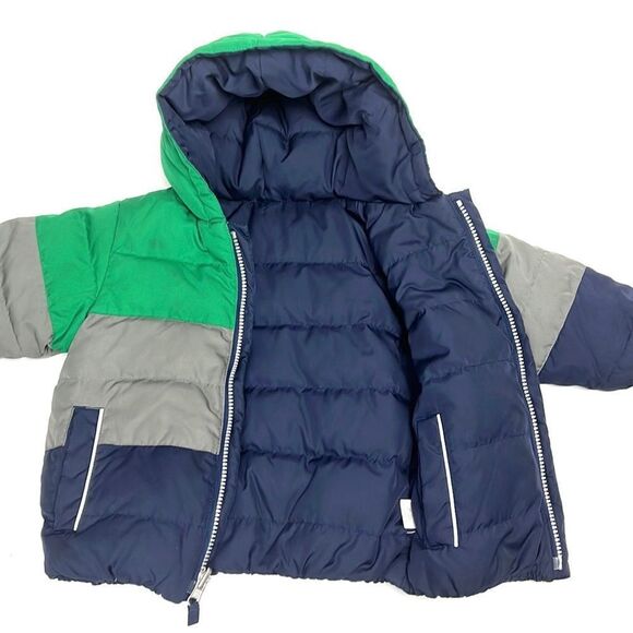 Hanna Andersson Boys Navy Gray Green Down Jacket Puffer With Hood Size 80 US 2 - Picture 3 of 9